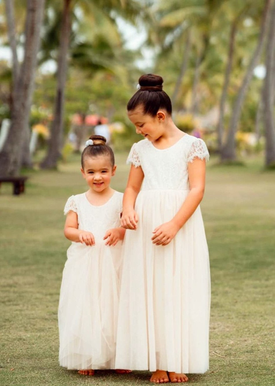 2Bunnies Flower Girl Dress Paisley Lace Back A-Line Short Sleeve Straight Tulle Maxi (Ivory) - 2BUNNIES