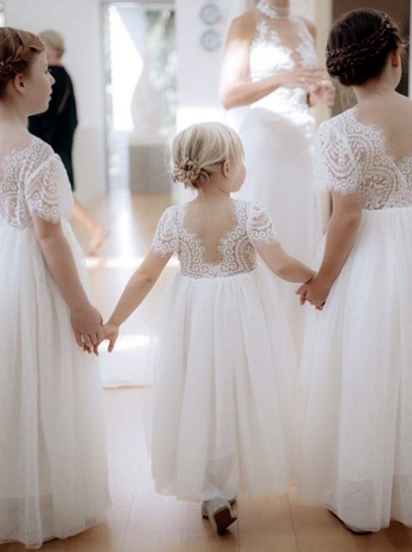2Bunnies Flower Girl Dress Peony Lace Back A-Line Short Sleeve Straight Tulle Maxi (White) - 2BUNNIES