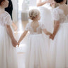 2Bunnies Flower Girl Dress Peony Lace Back A-Line Short Sleeve Straight Tulle Maxi (White) - 2BUNNIES