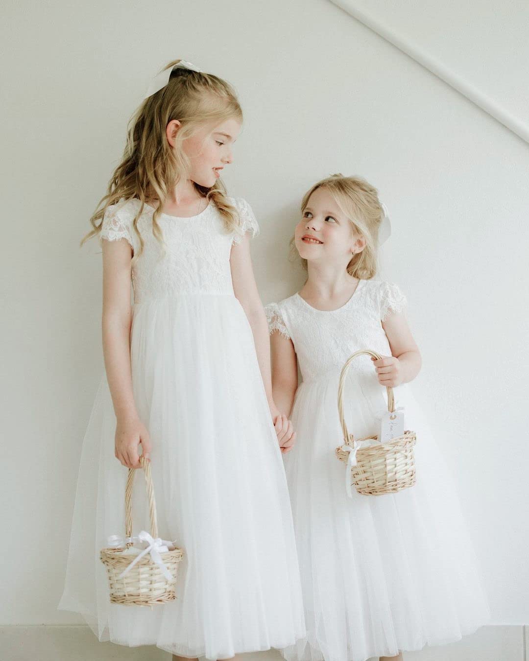 2Bunnies Flower Girl Dress Paisley Lace Back A-Line Short Sleeve Straight Tulle Maxi (White) - 2BUNNIES