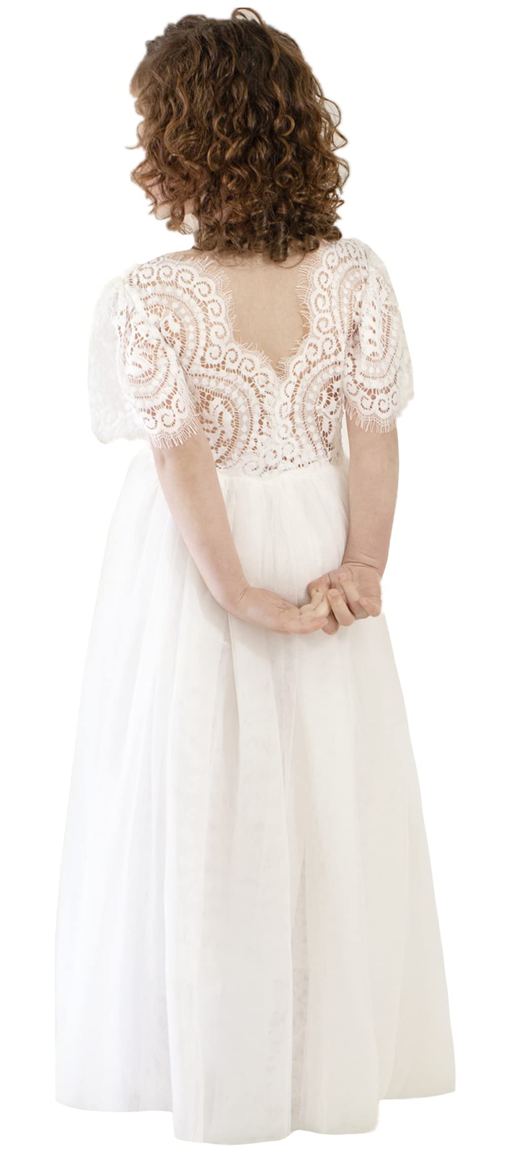 2Bunnies Flower Girl Dress Peony Lace Back A-Line Short Sleeve Straight Tulle Maxi (White) - 2BUNNIES