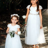 2Bunnies Flower Girl Dress Paisley Lace Back A-Line Short Sleeve Straight Tulle Maxi (White) - 2BUNNIES