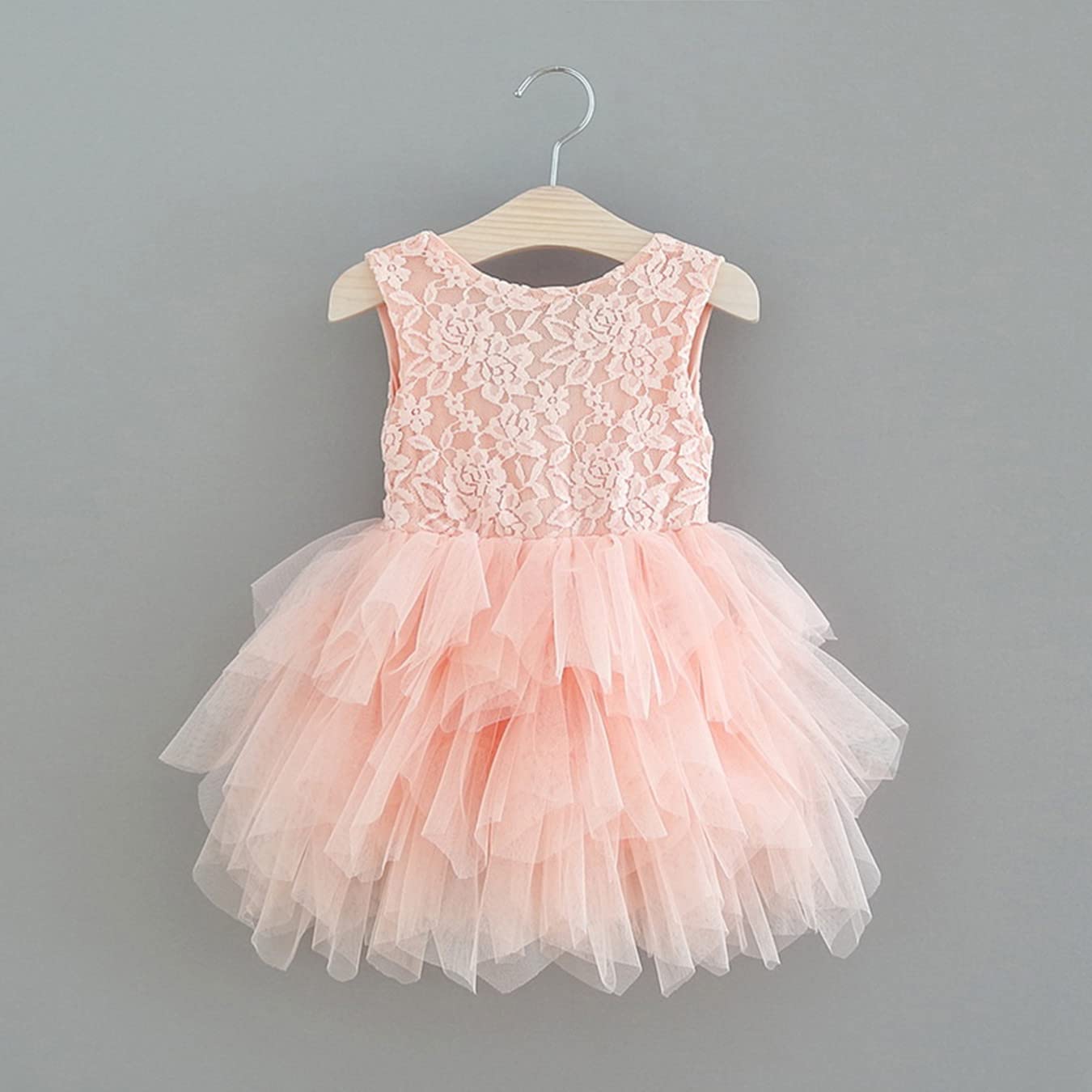 Silk Bow Lace Tiered Tulle Girl Dress in Pink - 2BUNNIES