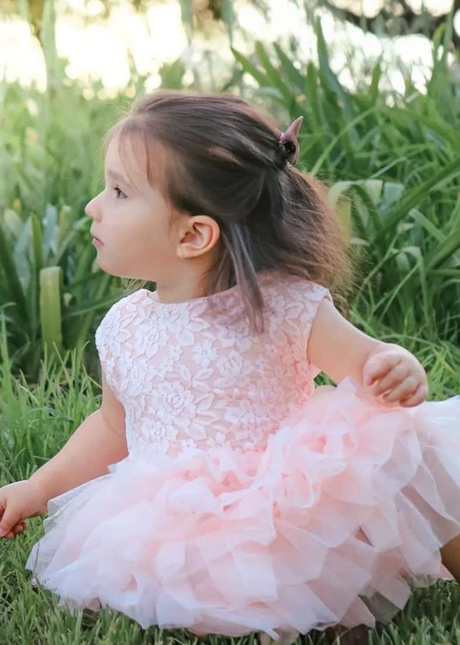 Violet Lace Silk Bow Boho Tiered Tulle Girl Dress in Pink