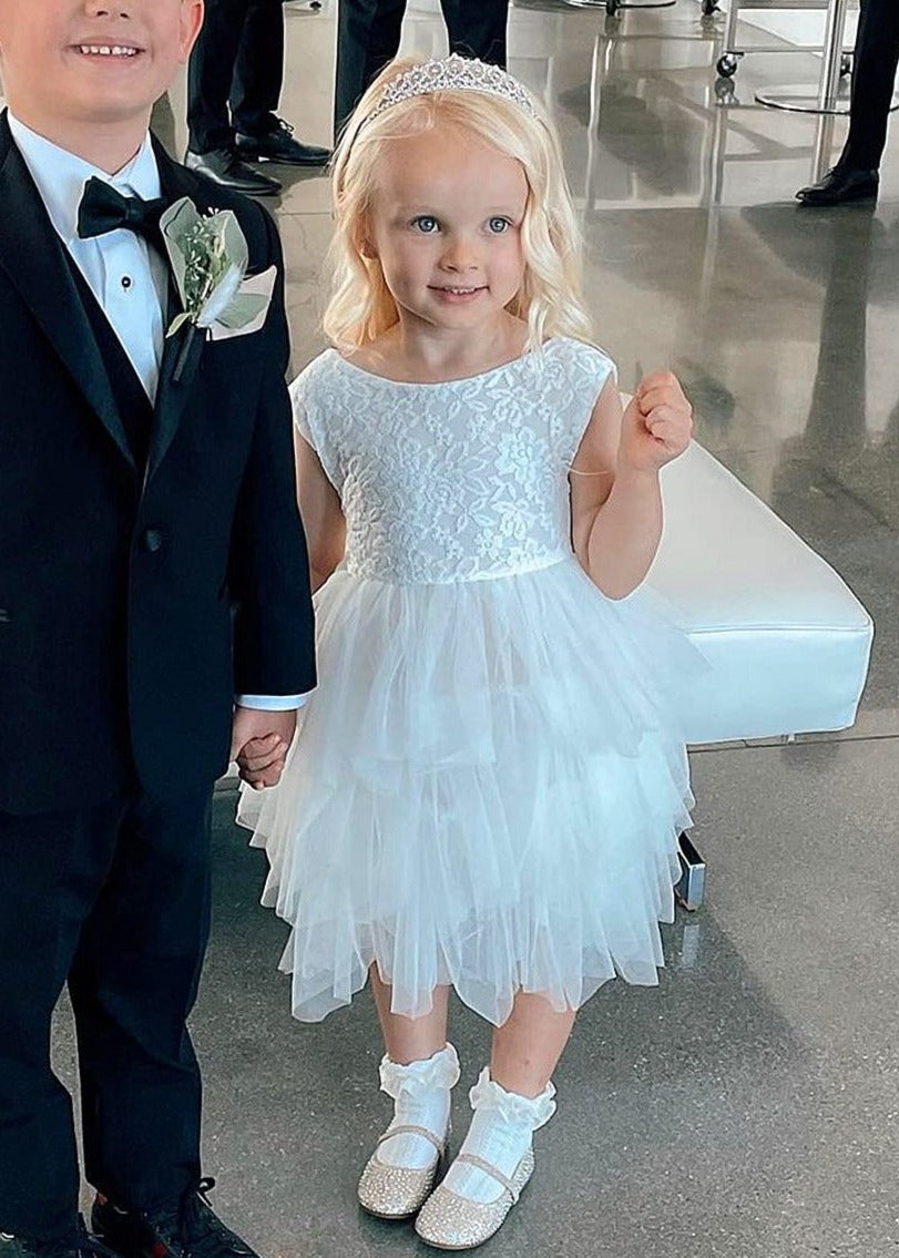 Violet Lace Silk Bow Boho Tiered Tulle Girl Dress in White