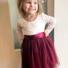 2Bunnies Flower Girl Dress Rose Lace Back A-Line Long Sleeve Straight Tulle Knee (Burgundy) - 2BUNNIES