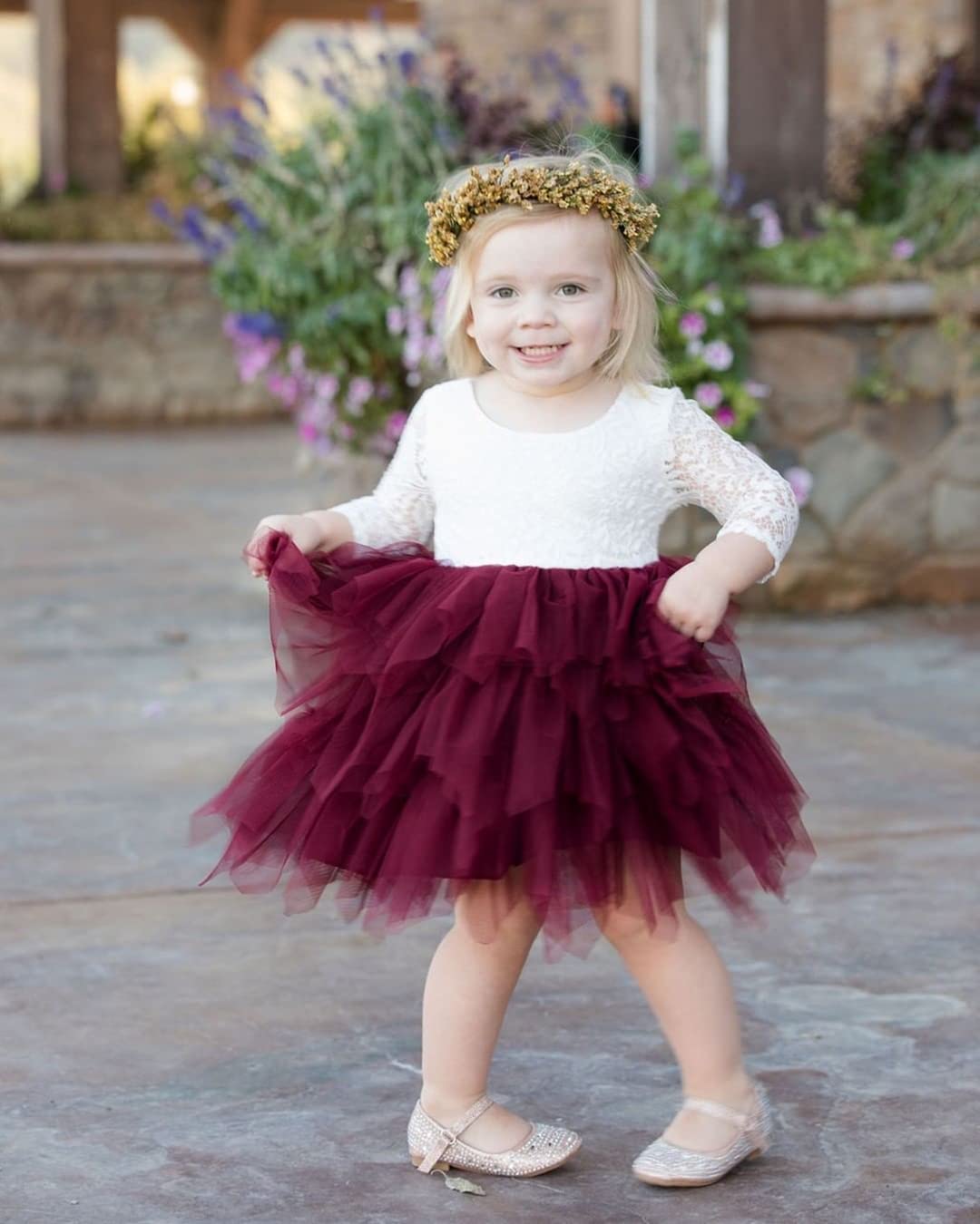 2Bunnies Flower Girl Dress Peony Lace Back A-Line Long Sleeve Tiered Tulle Short (Burgundy) - 2BUNNIES
