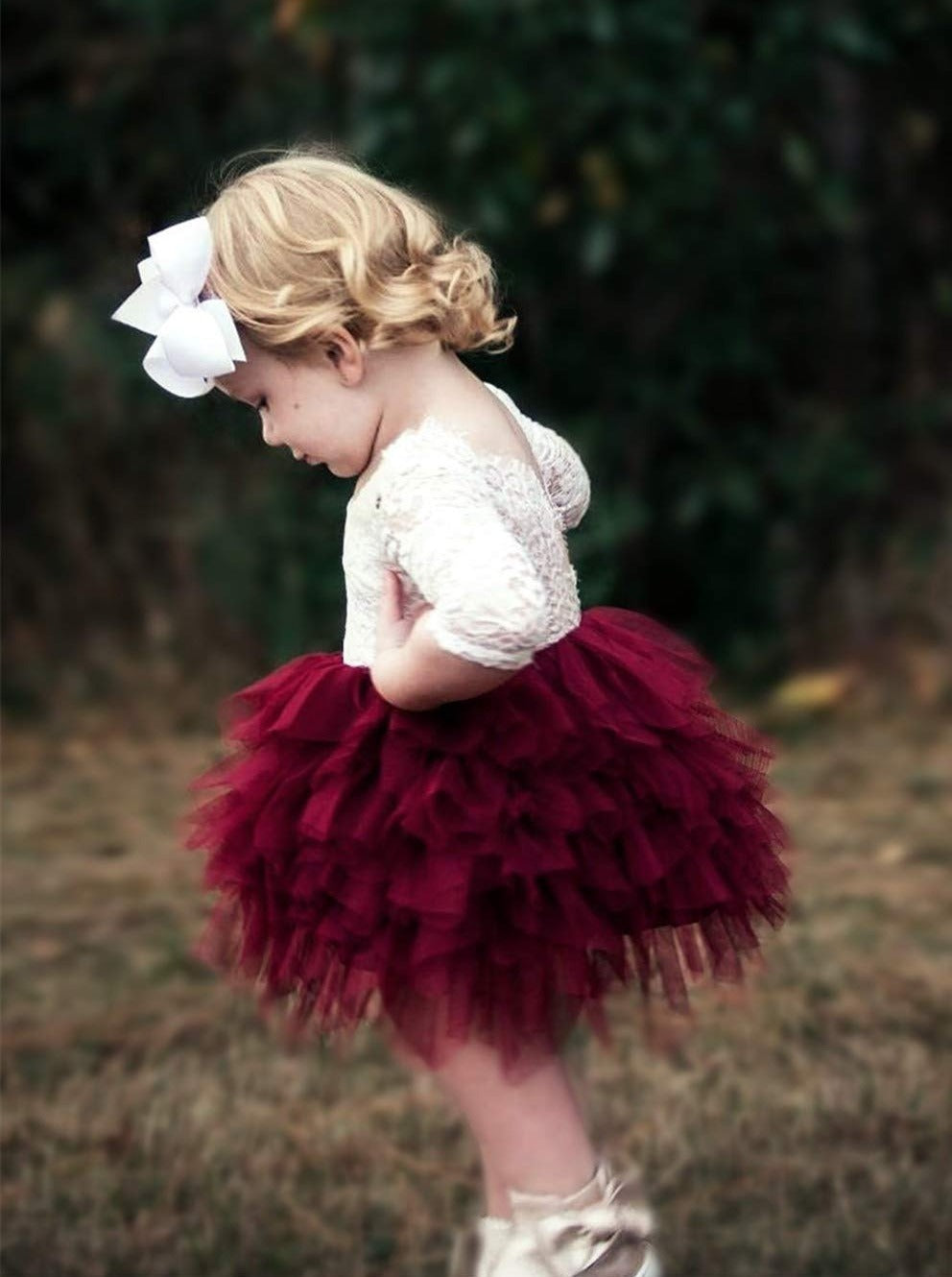2Bunnies Flower Girl Dress Peony Lace Back A-Line Long Sleeve Tiered Tulle Short (Burgundy) - 2BUNNIES