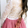 2Bunnies Flower Girl Dress Rose Lace Back A-Line Long Sleeve Straight Tulle Maxi (Dusty Pink) - 2BUNNIES