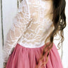 2Bunnies Flower Girl Dress Rose Lace Back A-Line Long Sleeve Straight Tulle Maxi (Dusty Pink) - 2BUNNIES