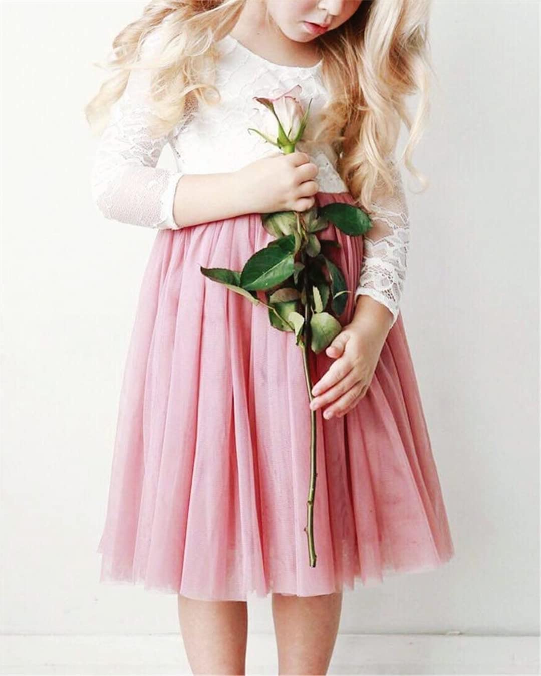 2Bunnies Flower Girl Dress Rose Lace Back A-Line Long Sleeve Straight Tulle Knee (Dusty Pink) - 2BUNNIES