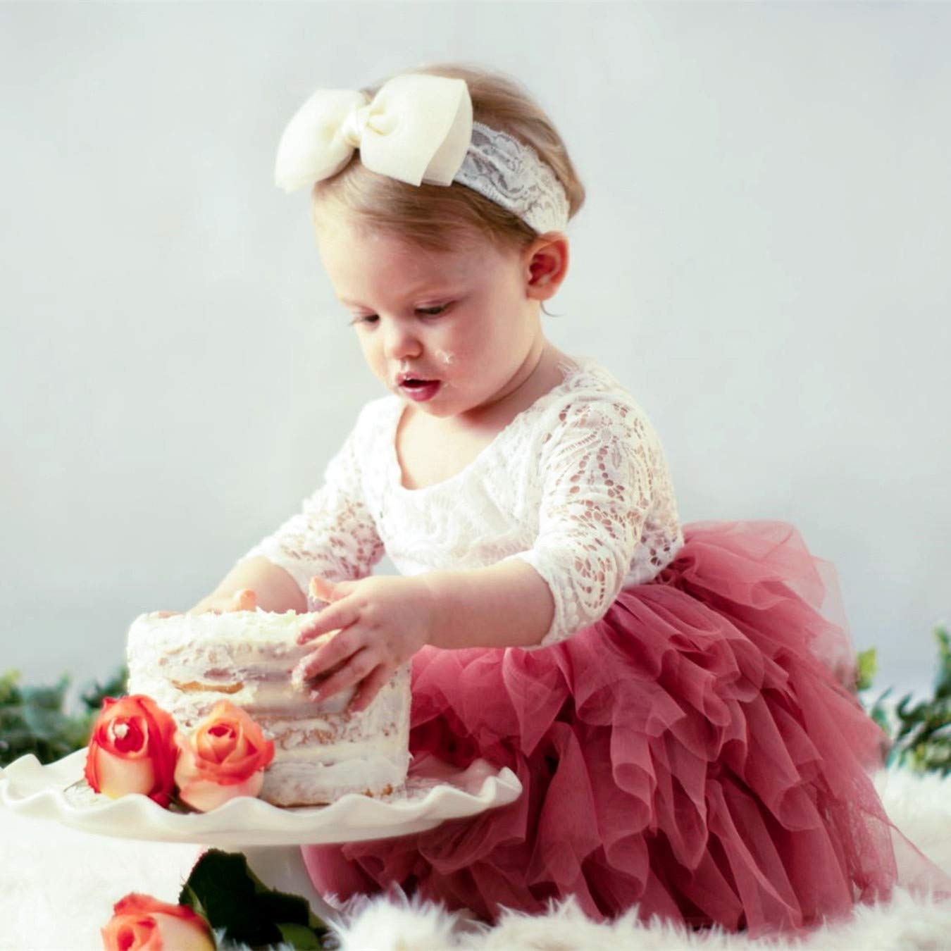 2Bunnies Flower Girl Dress Peony Lace Back A-Line Long Sleeve Tiered Tulle Short (Dusty Pink) - 2BUNNIES