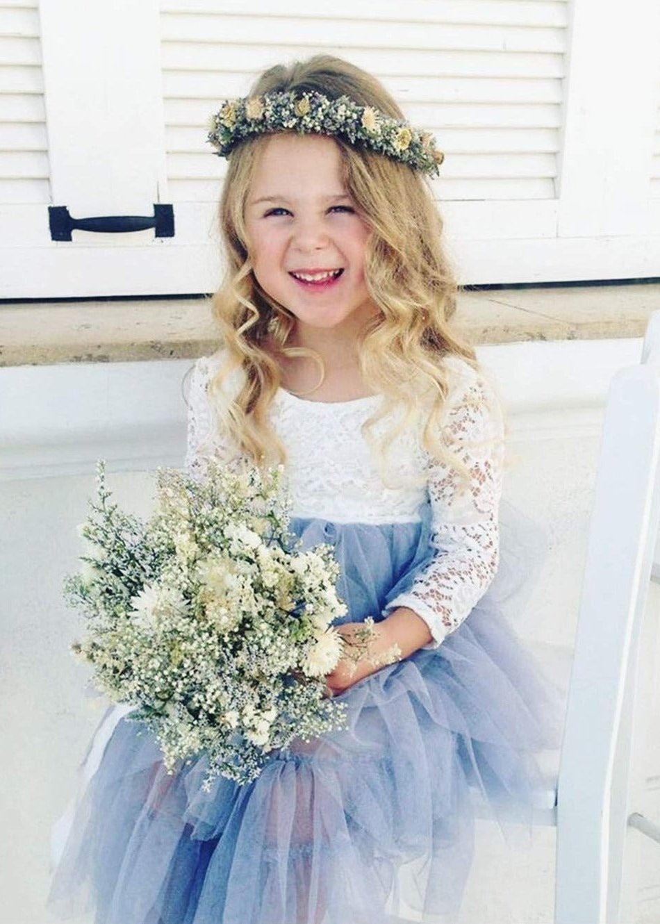 2Bunnies Flower Girl Dress Peony Lace Back A-Line Long Sleeve Tiered Tulle Short (Bluish Gray) - 2BUNNIES