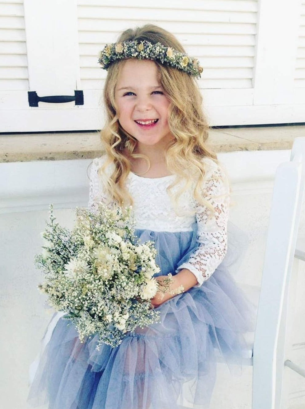 2Bunnies Flower Girl Dress Peony Lace Back A-Line Long Sleeve Tiered Tulle Short (Bluish Gray) - 2BUNNIES