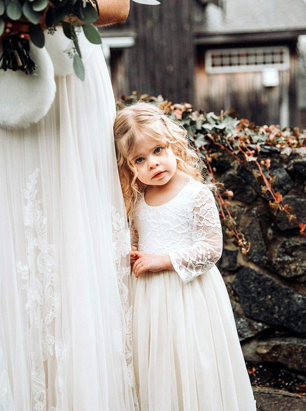 2Bunnies Flower Girl Dress Rose Lace Back A-Line Long Sleeve Straight Tulle Maxi (Ivory) - 2BUNNIES