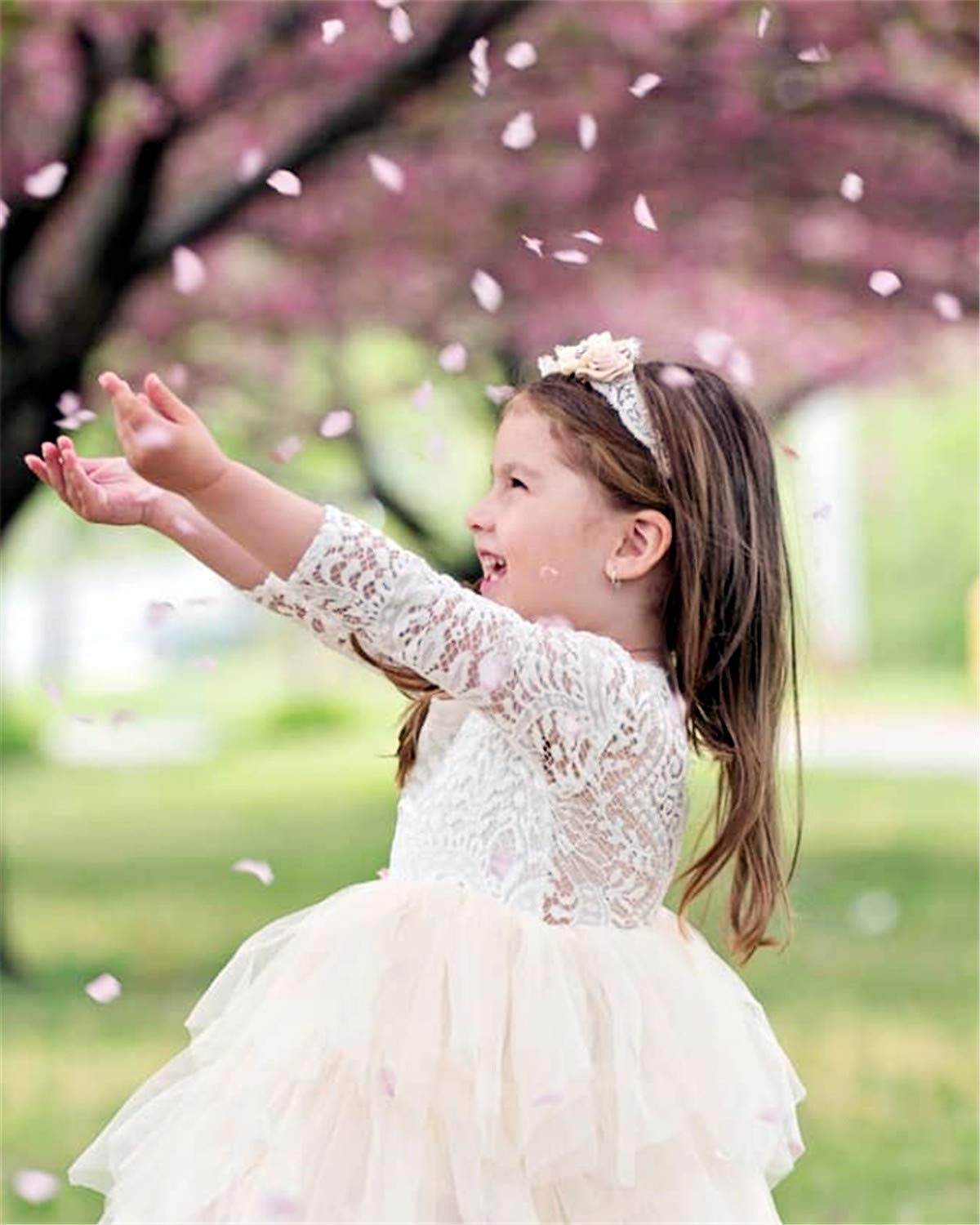 2Bunnies Flower Girl Dress Peony Lace Back A-Line Long Sleeve Tiered Tulle Short (Ivory) - 2BUNNIES