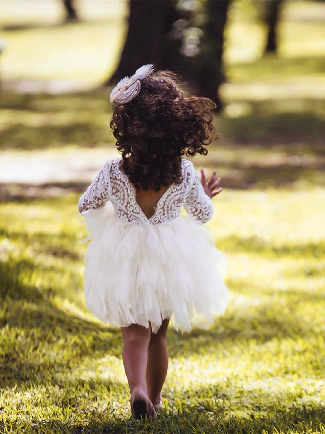2Bunnies Flower Girl Dress Peony Lace Back A-Line Long Sleeve Tiered Tulle Short (Ivory) - 2BUNNIES