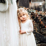 2Bunnies Flower Girl Dress Rose Lace Back A-Line Long Sleeve Straight Tulle Maxi (Ivory) - 2BUNNIES
