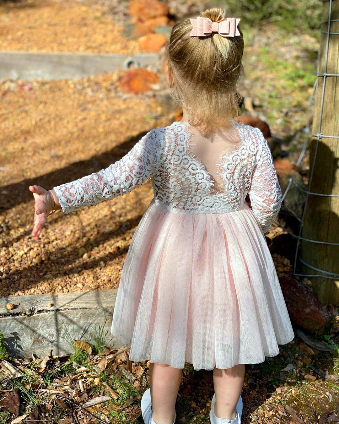 2Bunnies Flower Girl Dress Peony Lace Back A-Line Long Sleeve Straight Tulle Knee (Pink) - 2BUNNIES