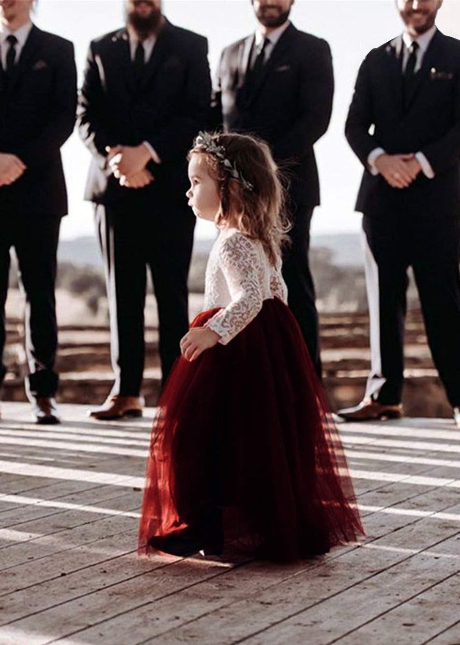 2Bunnies Flower Girl Dress Peony Lace Back A-Line Long Sleeve Straight Tulle Maxi (Burgundy) - 2BUNNIES