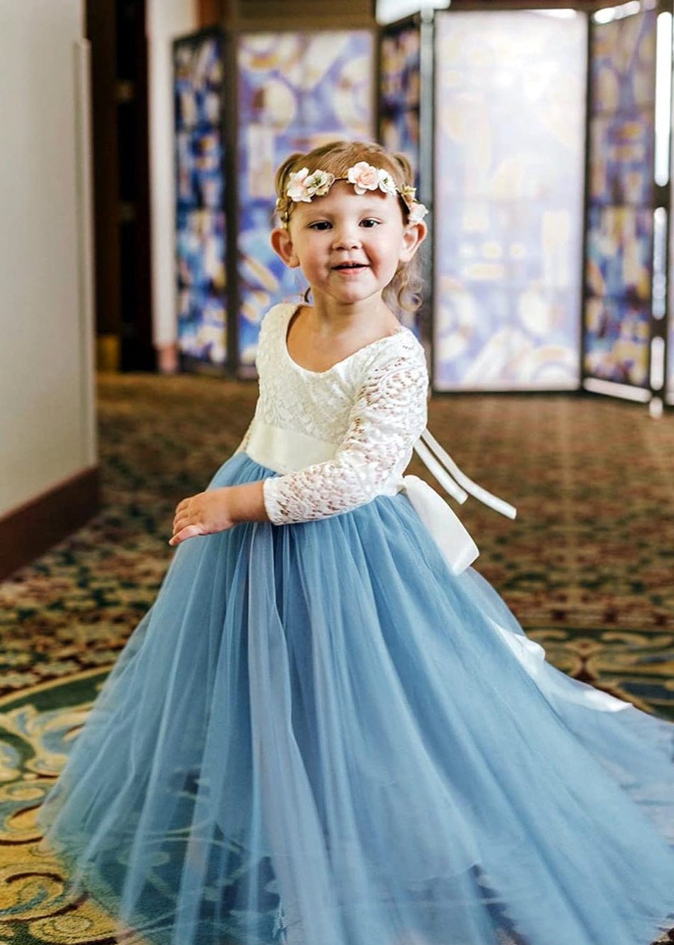 Peony Lace Flower Girl Dress in Dusty Blue Sleeve Maxi 6 Peony Lace Flower Girl Dress in Dusty Blue Sleeve Maxi 6