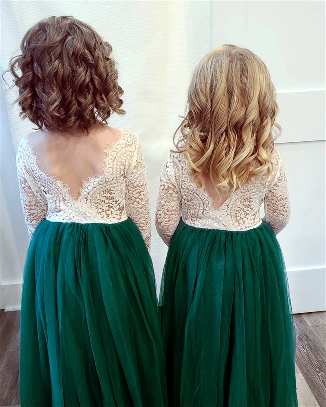 2Bunnies Flower Girl Dress Peony Lace Back A-Line Long Sleeve Straight Tulle Maxi (Green) - 2BUNNIES