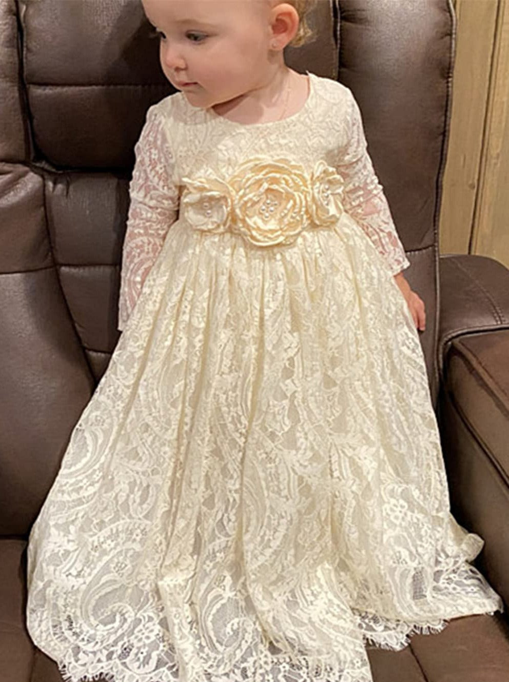 2Bunnies Flower Girl Dress Paisley All Lace Long Sleeve Maxi (Ivory) - 2BUNNIES