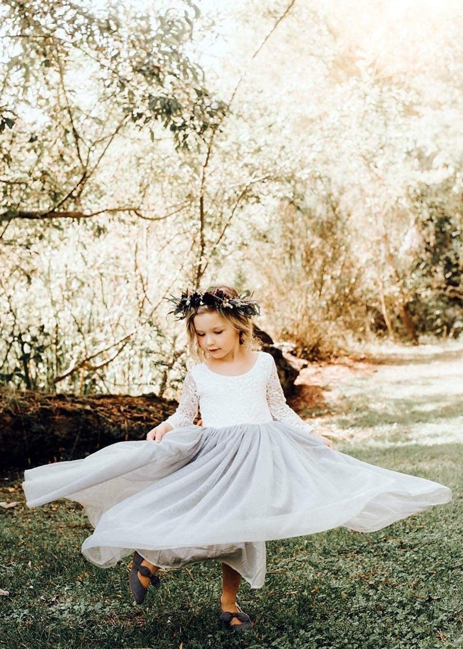 Peony Lace Flower Girl Dress in Light Gray