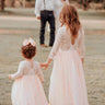 2Bunnies Flower Girl Dress Peony Lace Back A-Line Long Sleeve Straight Tulle Maxi (Pink) - 2BUNNIES