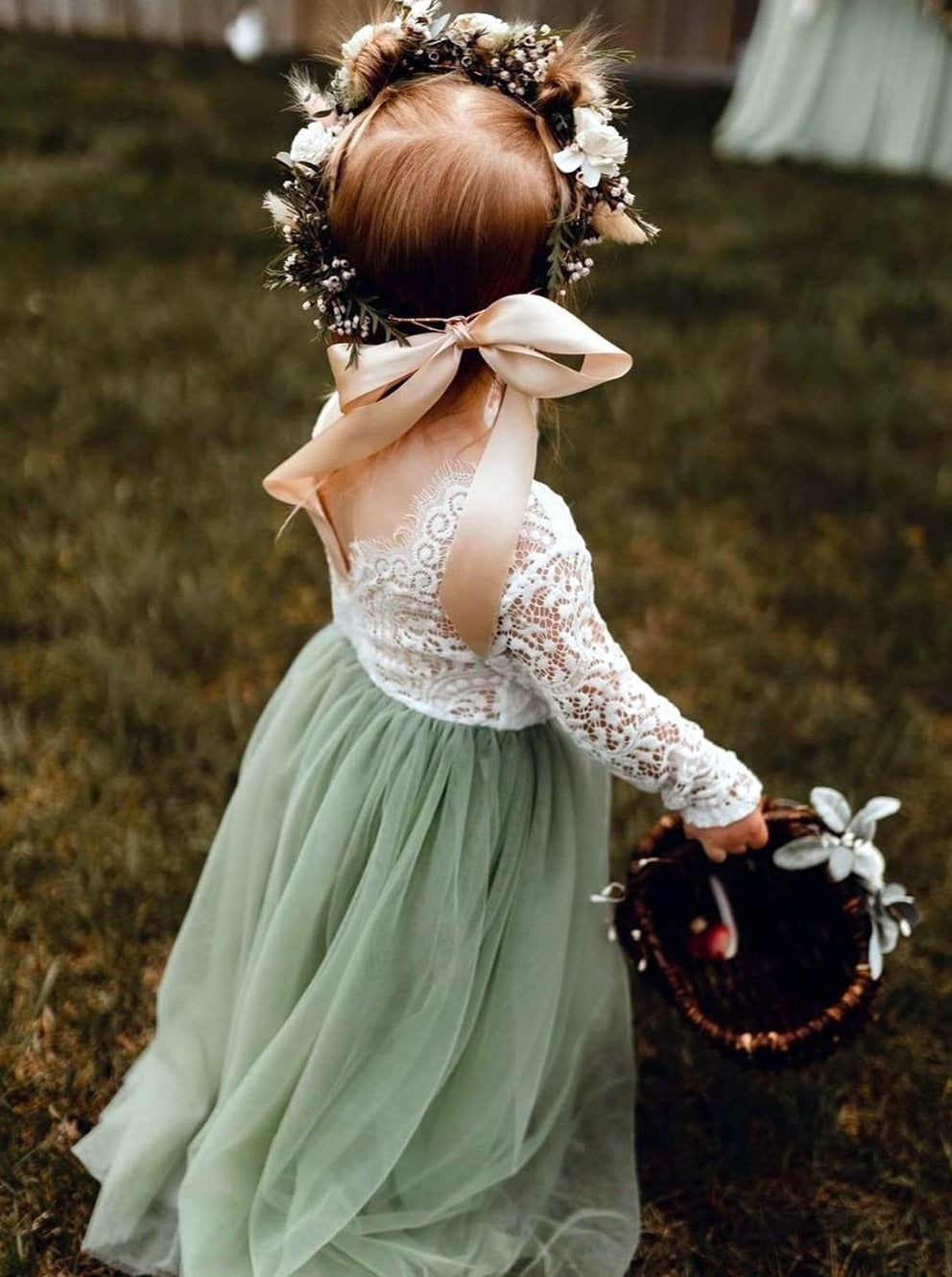 2Bunnies Flower Girl Dress Peony Lace Back A-Line Long Sleeve Straight Tulle Maxi (Sage) - 2BUNNIES