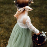 2Bunnies Flower Girl Dress Peony Lace Back A-Line Long Sleeve Straight Tulle Maxi (Sage) - 2BUNNIES