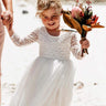 2Bunnies Flower Girl Dress Peony Lace Back A-Line Long Sleeve Straight Tulle Maxi (White) - 2BUNNIES
