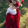 2Bunnies Flower Girl Dress Peony Lace Back A-Line Long Sleeve Straight Tulle Maxi (Wine Red) - 2BUNNIES