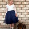 2Bunnies Flower Girl Dress Rose Lace Back A-Line Long Sleeve Straight Tulle Knee (Navy) - 2BUNNIES