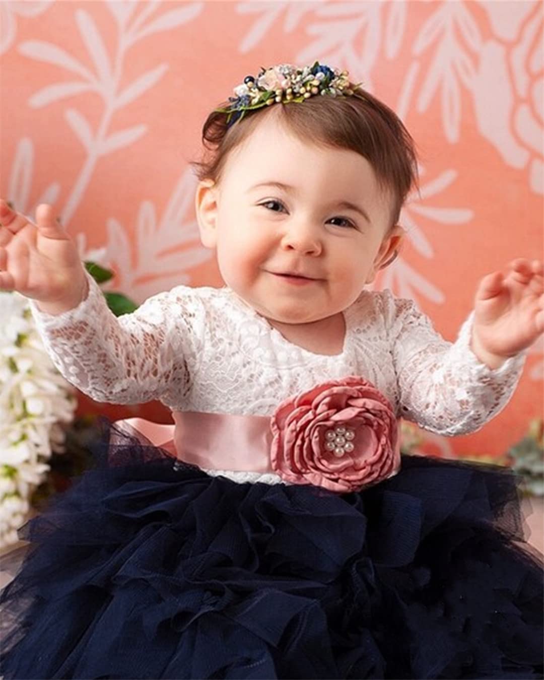2Bunnies Flower Girl Dress Peony Lace Back A-Line Long Sleeve Tiered Tulle Short (Navy) - 2BUNNIES
