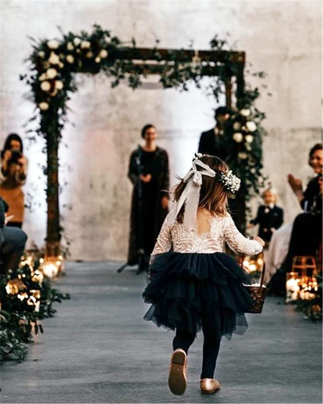 2Bunnies Flower Girl Dress Peony Lace Back A-Line Long Sleeve Tiered Tulle Short (Navy) - 2BUNNIES