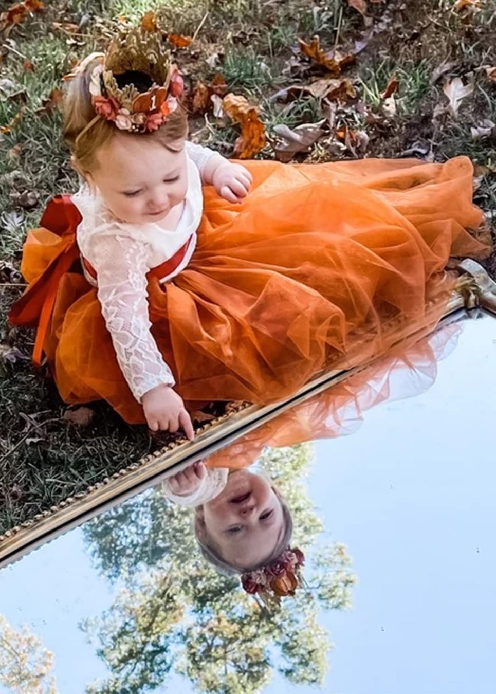 Rose Lace Flower Girl Dress in Orange - Main Image