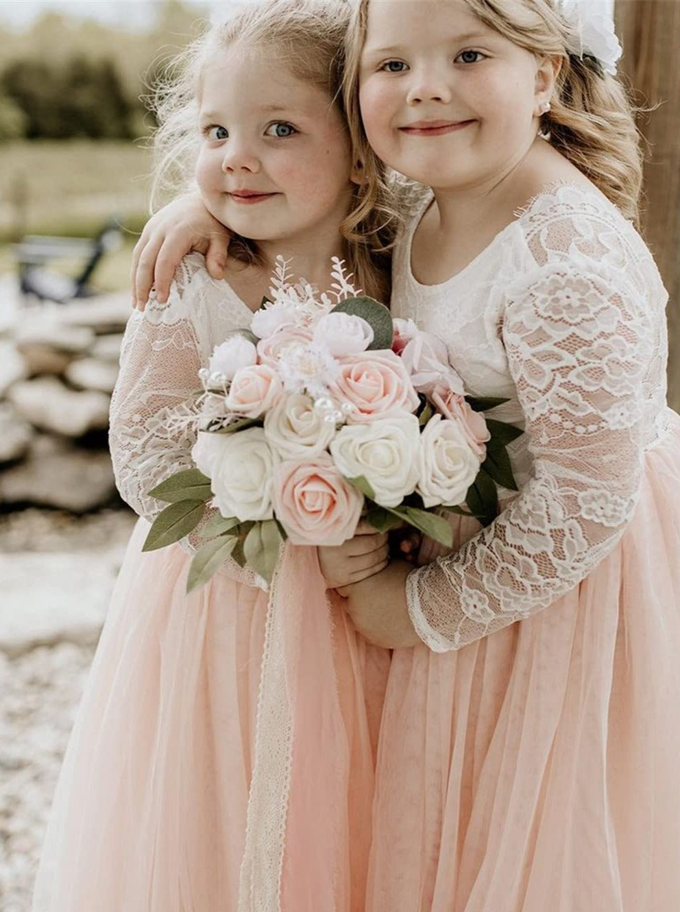 2Bunnies Flower Girl Dress Rose Lace Back A-Line Long Sleeve Straight Tulle Maxi (Pink) - 2BUNNIES