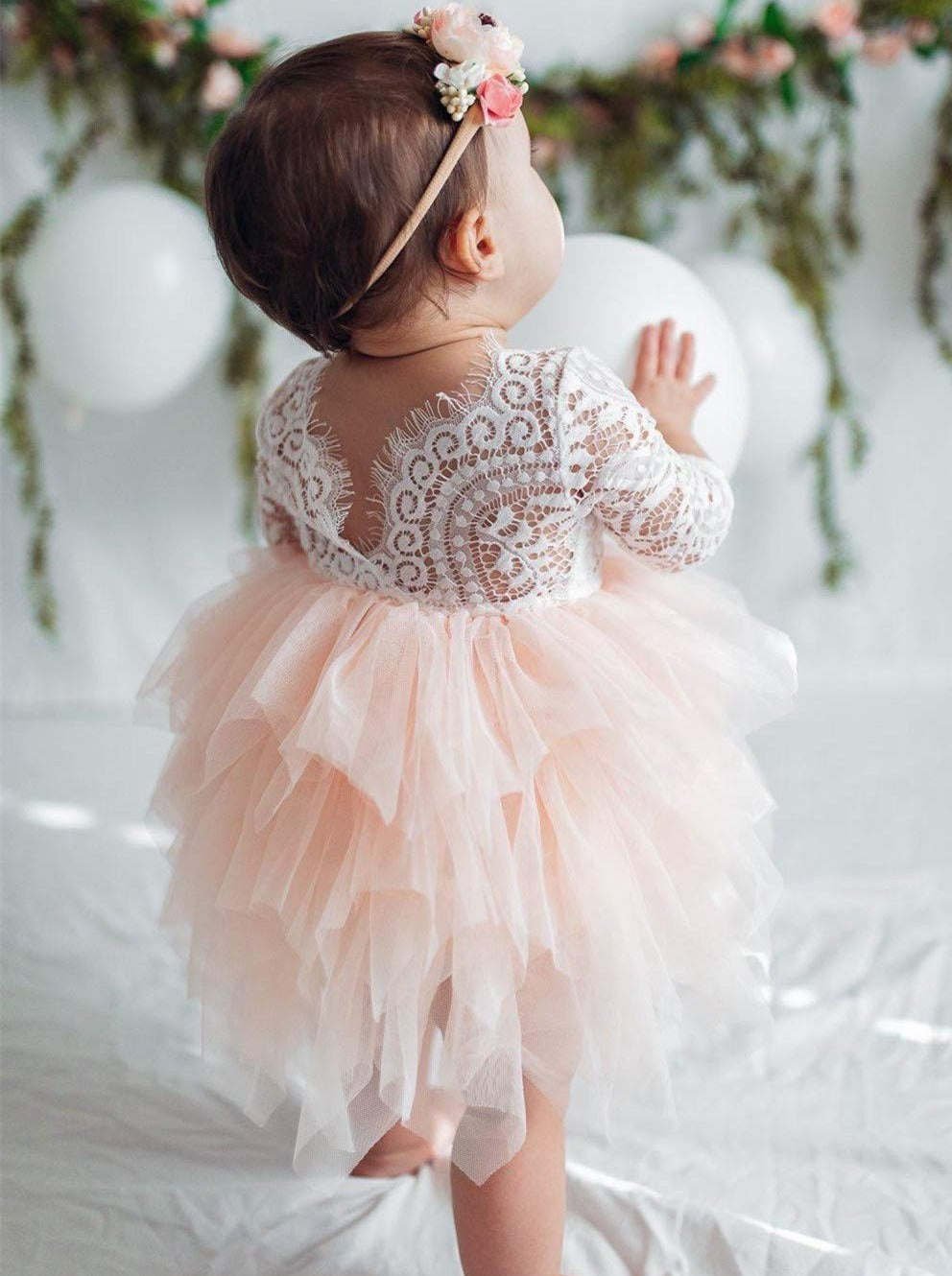 2Bunnies Flower Girl Dress Peony Lace Back A-Line Long Sleeve Tiered Tulle Short (Pink) - 2BUNNIES