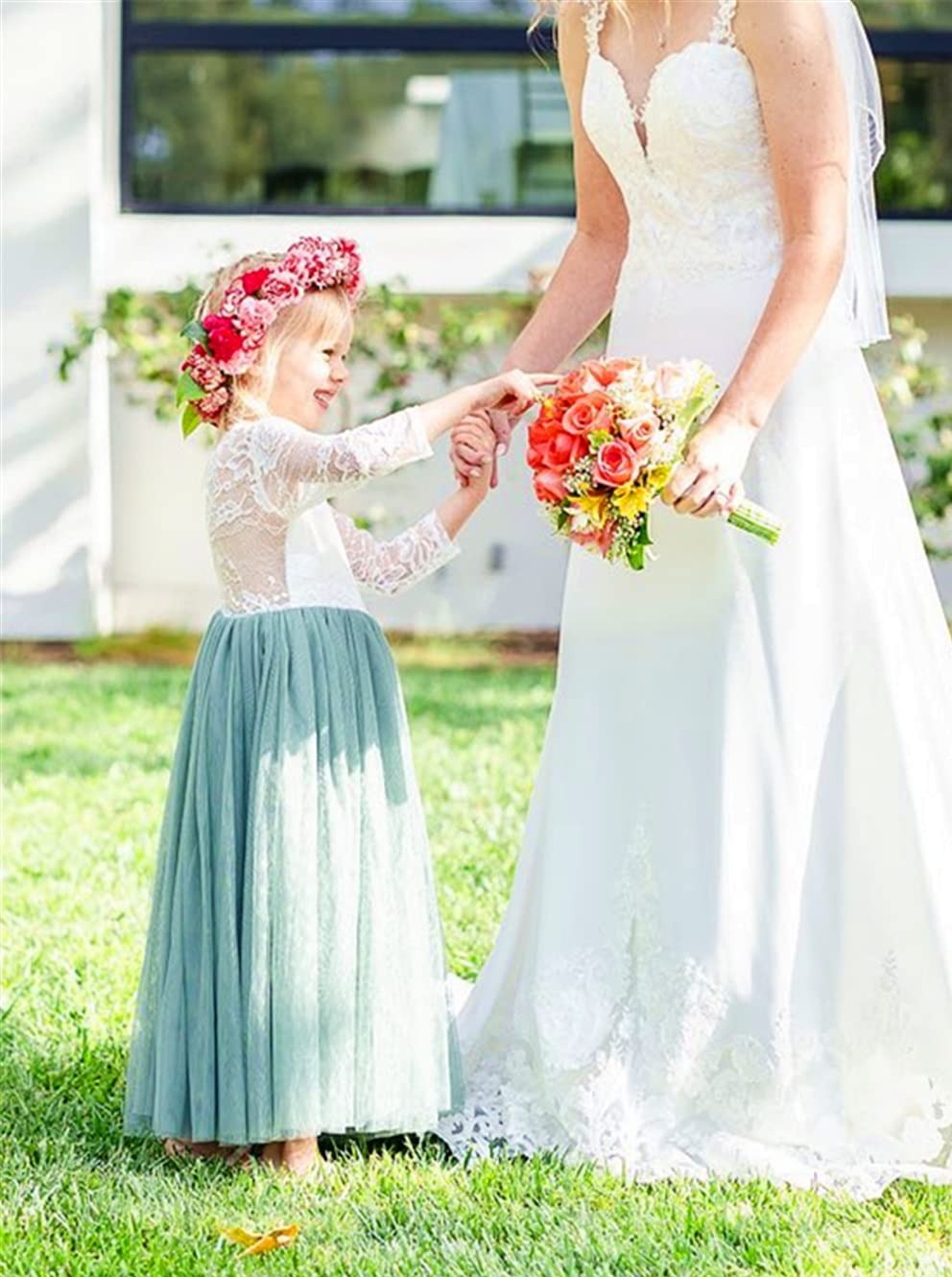 2Bunnies Flower Girl Dress Rose Lace Back A-Line Long Sleeve Straight Tulle Maxi (Sage) - 2BUNNIES