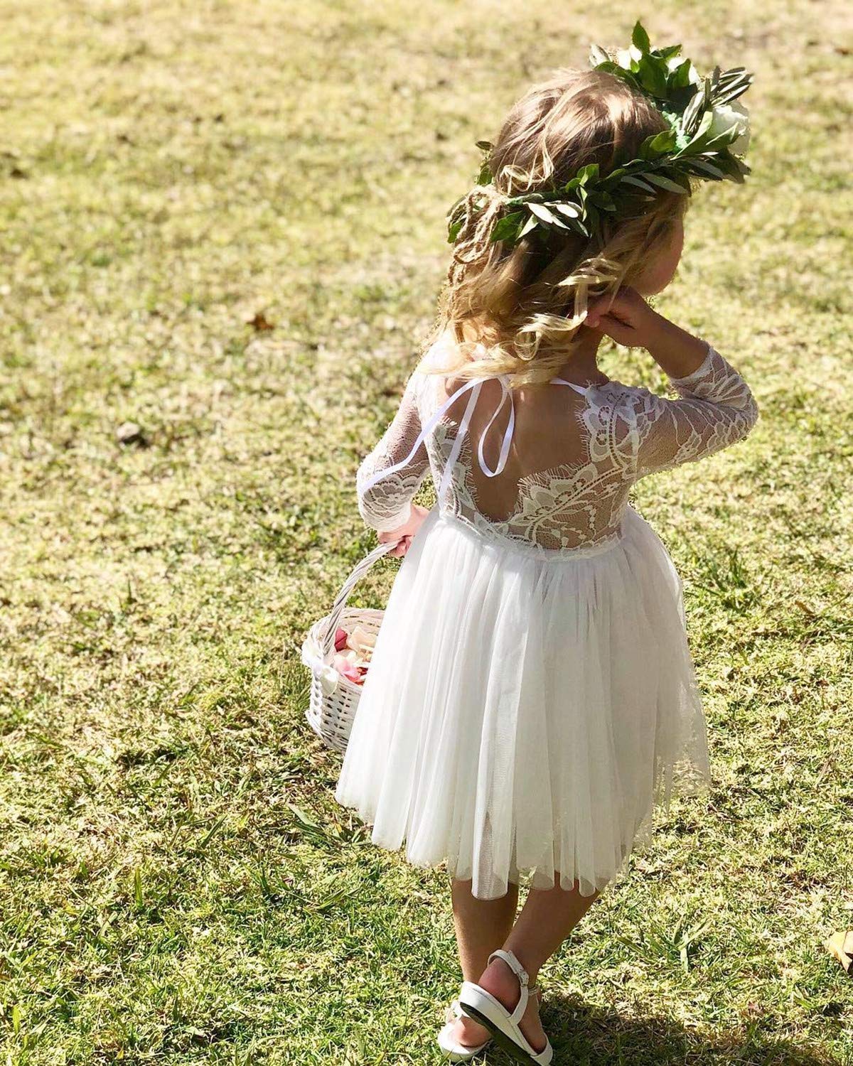 2Bunnies Flower Girl Dress Rose Lace Back A-Line Long Sleeve Straight Tulle Knee (White) - 2BUNNIES