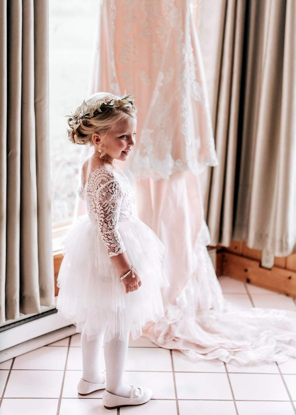 Girls' Peony Lace Tiered 3/4 Sleeve Knee Flower Girl Dress in White 6 / White Girls' Peony Lace Tiered 3/4 Sleeve Knee Flower Girl Dress in White 6 / White
