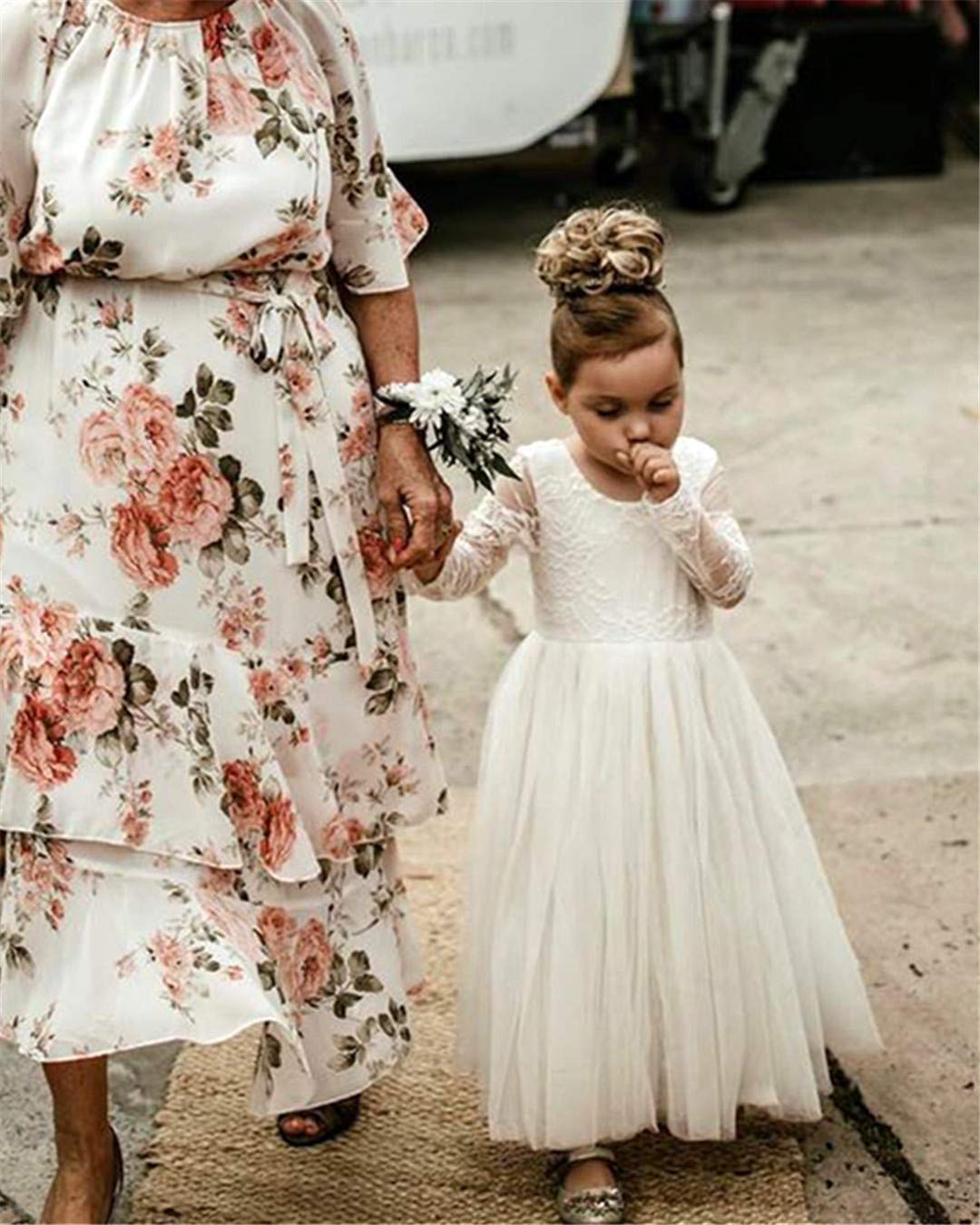 2Bunnies Flower Girl Dress Rose Lace Back A-Line Long Sleeve Straight Tulle Maxi (White) - 2BUNNIES