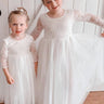 2Bunnies Flower Girl Dress Rose Lace Back A-Line Long Sleeve Straight Tulle Maxi (White) - 2BUNNIES