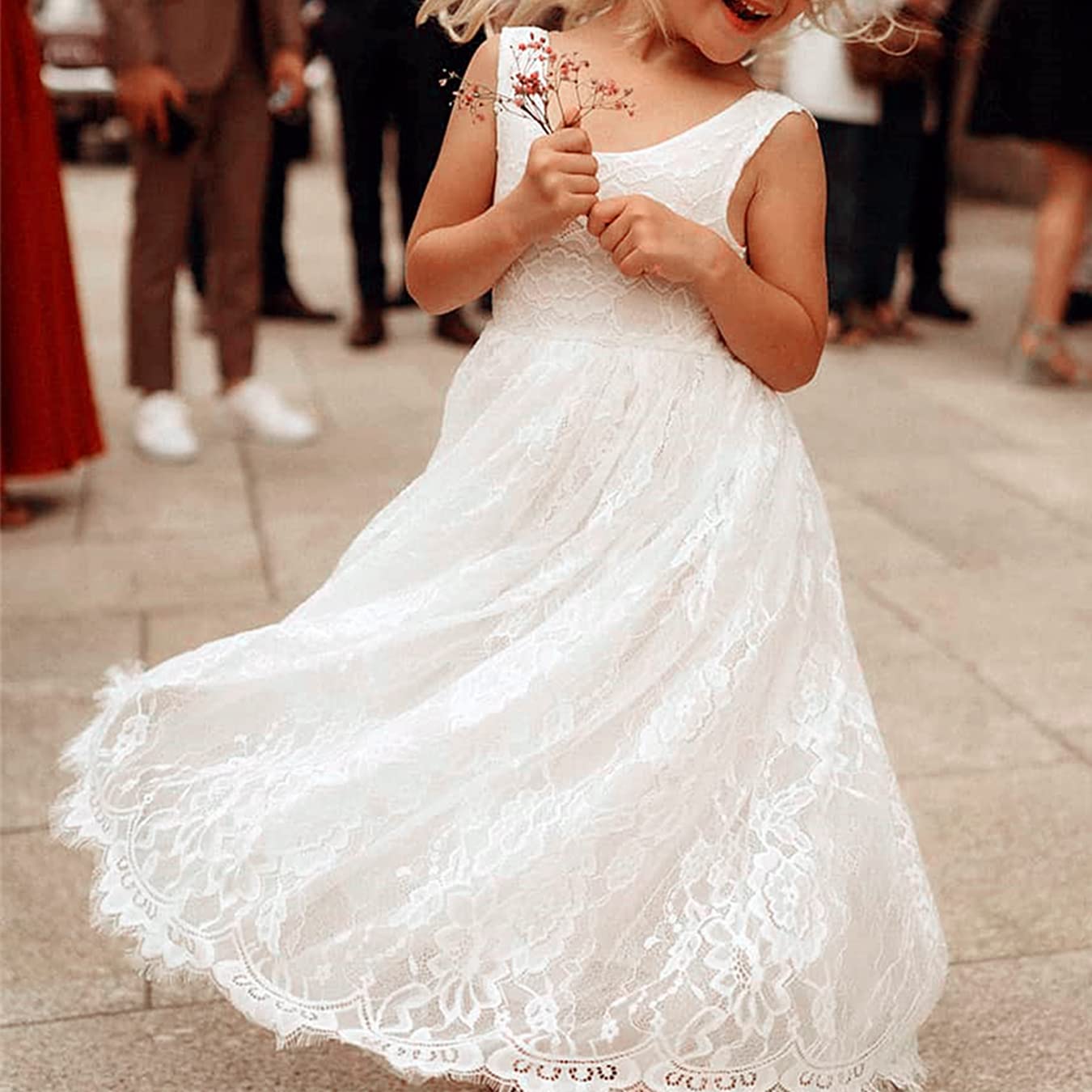 2Bunnies Flower Girl Dress Rose Lace Back A-Line Sleeveless Straight Tulle Maxi (All Lace White) - 2BUNNIES