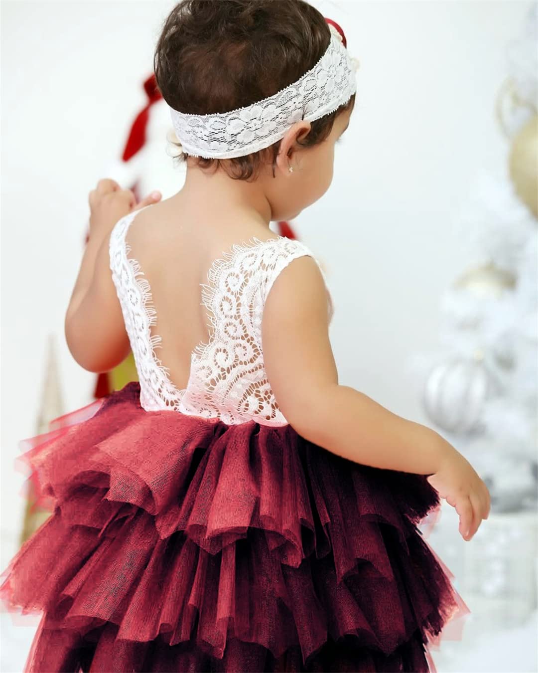 2Bunnies Flower Girl Dress Peony Lace Back A-Line Sleeveless Tiered Tulle Short (Burgundy) - 2BUNNIES