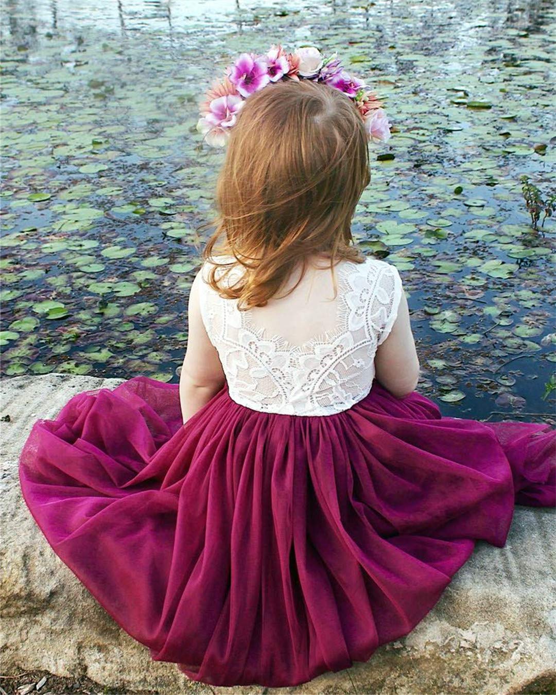 2Bunnies Flower Girl Dress Rose Lace Back A-Line Sleeveless Straight Tulle Maxi (Burgundy) - 2BUNNIES