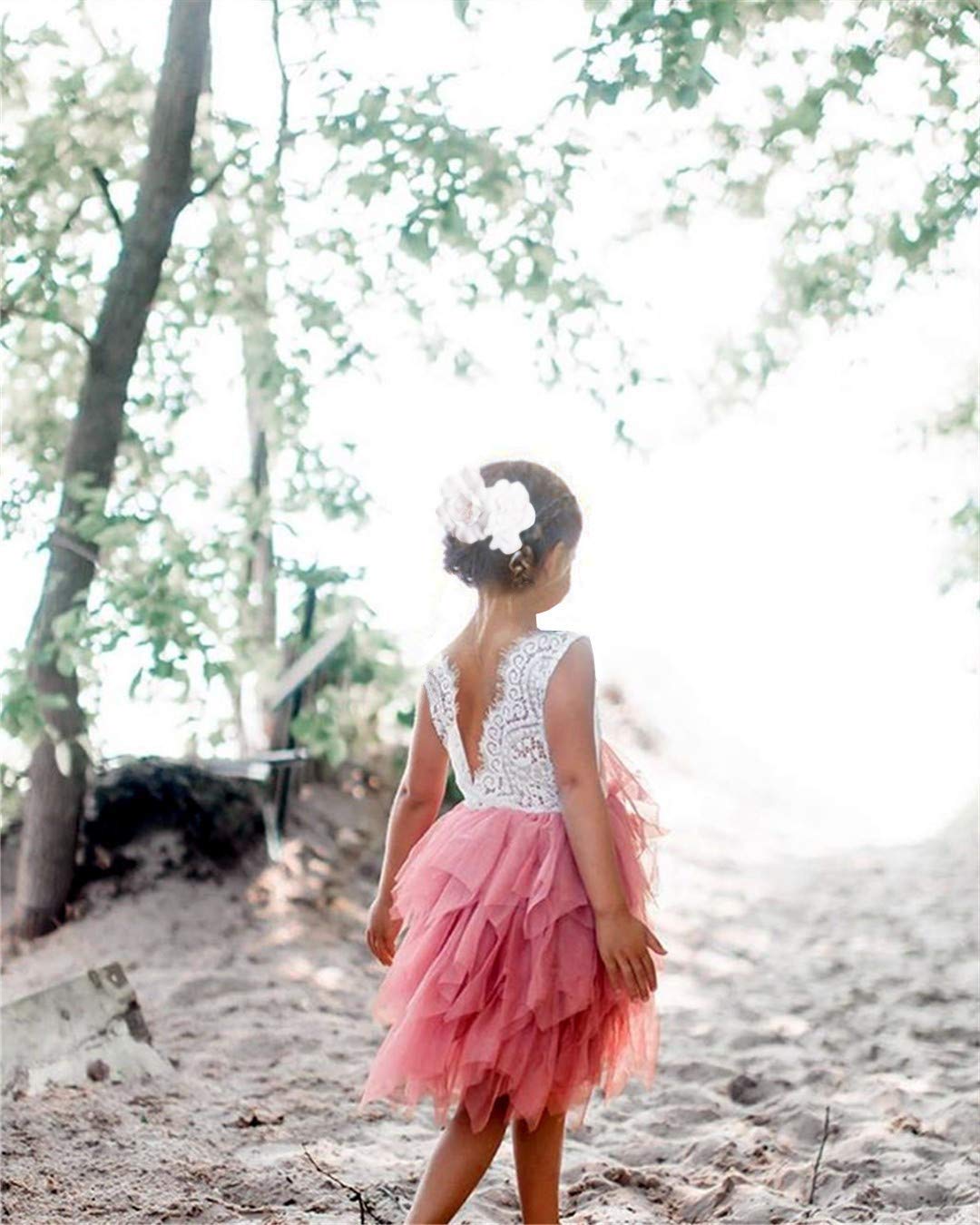 2Bunnies Flower Girl Dress Peony Lace Back A-Line Sleeveless Tiered Tulle Short (Dusty Pink) - 2BUNNIES