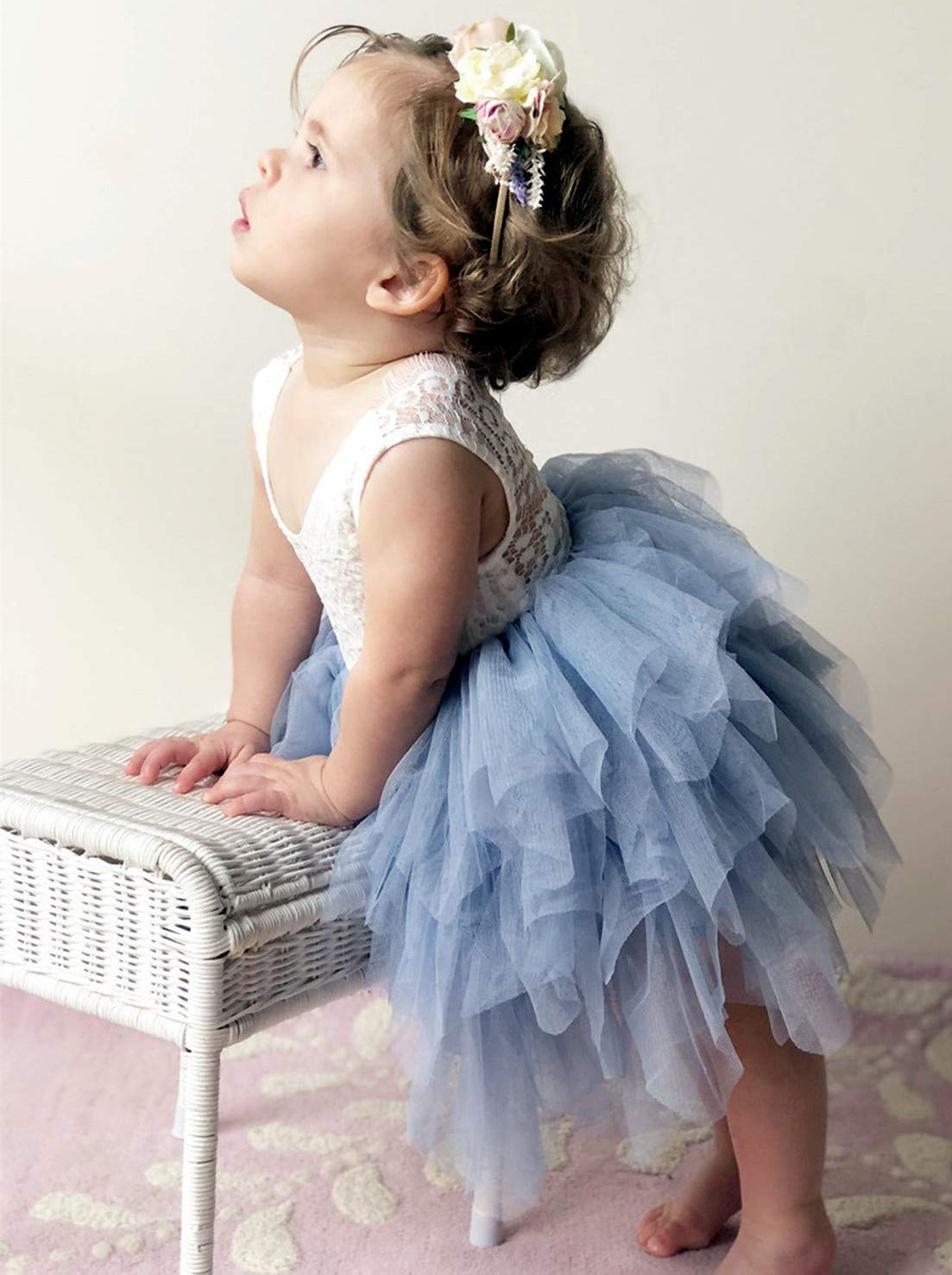 2Bunnies Flower Girl Dress Peony Lace Back A-Line Sleeveless Tiered Tulle Short (Bluish Gray) - 2BUNNIES