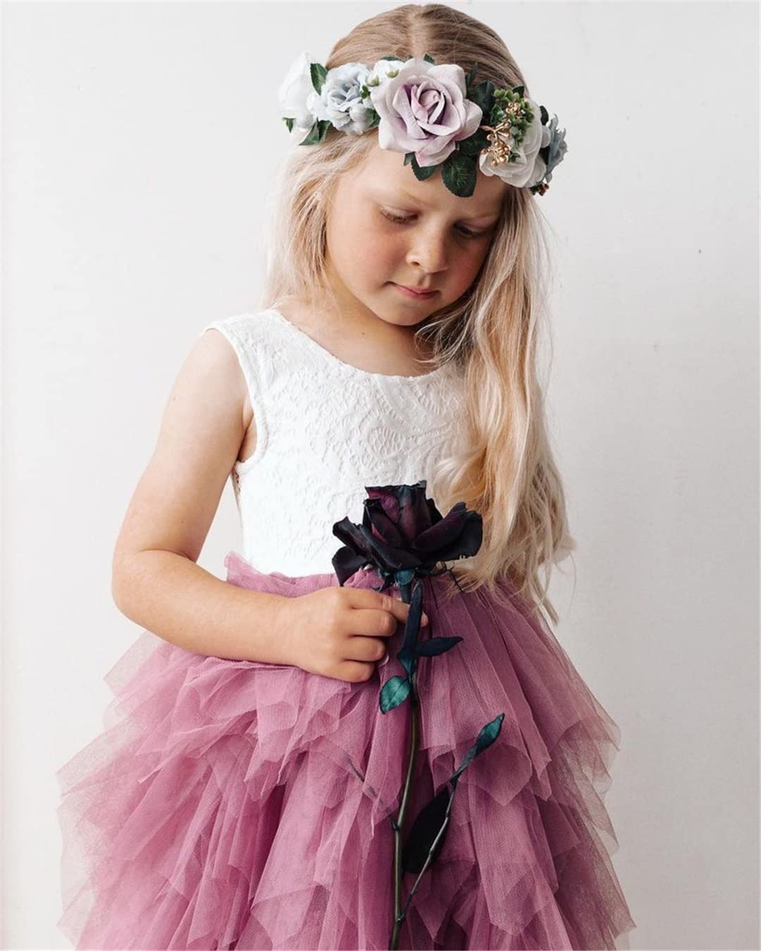 2Bunnies Flower Girl Dress Peony Lace Back A-Line Sleeveless Tiered Tulle Short (Mauve) - 2BUNNIES